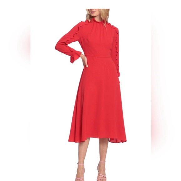 Donna Morgan Ruffle Long Sleeve A-line Midi Dress, Red, 14. - Picture 2 of 4